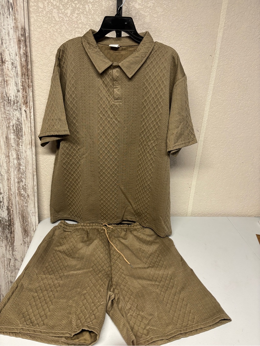 Men's Textured Polo & Short Set - Khaki
